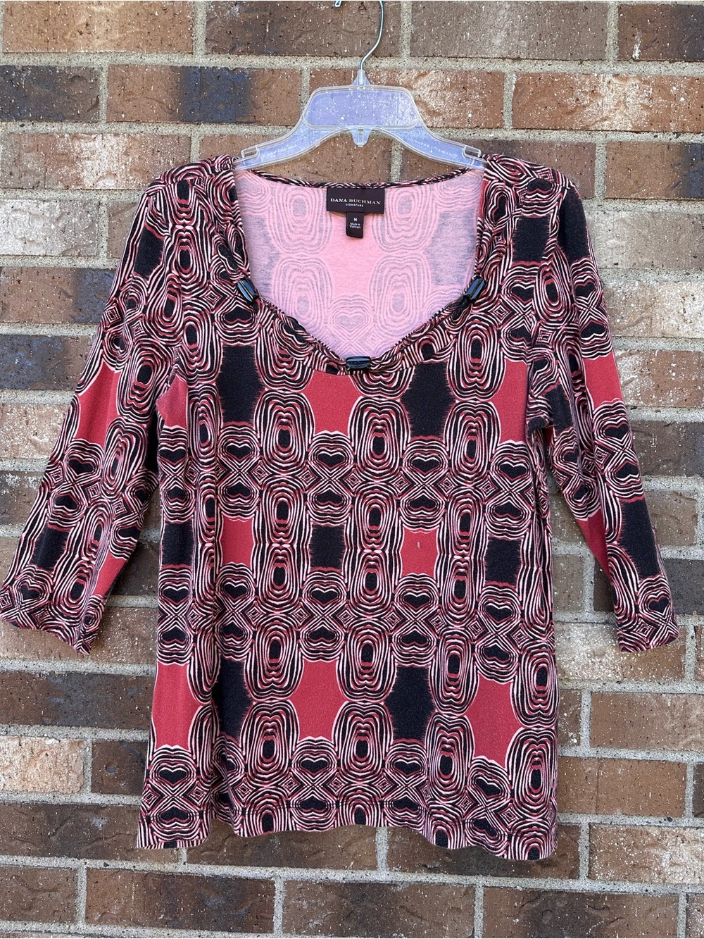 Dana Buchman Coral Pink and Black Geometric Scoop-Neck Top, Size M